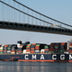 The Marco Polo, the largest cargo ship to call at an East Coast port, arrives under the Verrazzano-Narrows Bridge and into New York Harbor on May 20, 2021 in New York City. The 1,300 foot ship is owned and operated by the French transport company CMA CGM Group. The Marco Polo, which is only slightly smaller than the container ship that got stuck in Egypt’s Suez Canal in March, will arrive into the Elizabeth-Port Authority Marine Terminal and spend two days there before leaving for Norfolk, Virginia.
